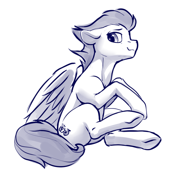 Size: 2000x2000 | Tagged: safe, artist:dimfann, derpibooru import, soarin', pegasus, pony, monochrome, simple background, sitting, solo, white background