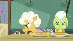 Size: 1920x1080 | Tagged: safe, derpibooru import, screencap, goldie delicious, granny smith, cat, earth pony, pony, going to seed, eating, female, food, glare, goldie delicious' cats, mare, pancakes, quartet, raised paw