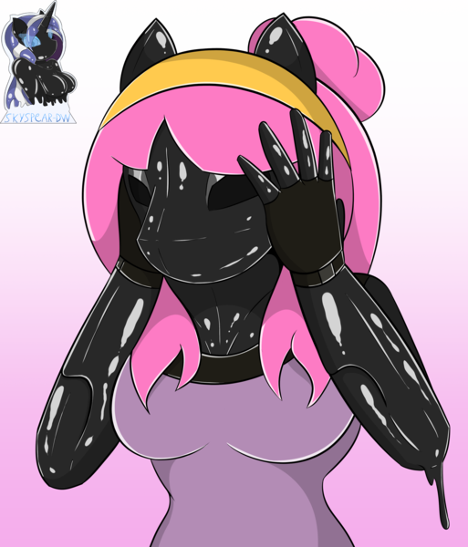 Size: 2863x3350 | Tagged: questionable, artist:skyspeardraw, derpibooru import, oc, oc:léa, anthro, goo, bondage, breasts, corrupted, encasement, female, human to anthro, image, latex, png, rubber, rubber drone, slime, transformation