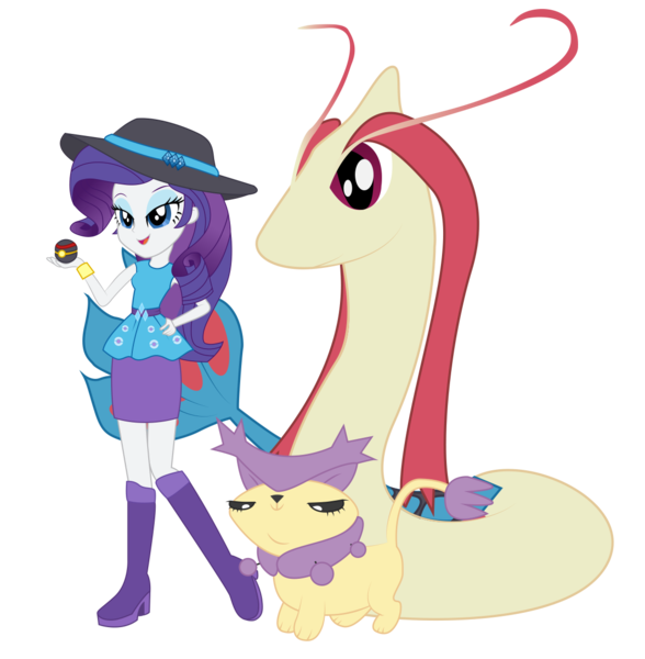 Size: 1157x1181 | Tagged: safe, artist:maretrick, derpibooru import, rarity, delcatty, milotic, equestria girls, ball, boots, clothes, hat, pokémon, raised leg, shoes