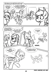 Size: 2894x4093 | Tagged: safe, artist:moemneop, derpibooru import, oc, oc:lukida, oc:memorynumber, oc:prince rigel, oc:smoulder, bat pony, changeling, pony, comic:lukida's trip to the lunar republic, female, male, mare, monochrome, stallion