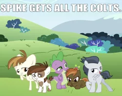 Size: 639x507 | Tagged: safe, derpibooru import, edit, editor:undeadponysoldier, button mash, featherweight, pipsqueak, rumble, spike, dragon, earth pony, pegasus, pony, beanie, bedroom eyes, bush, button's hat, caption, colt, crack shipping, field, foal, gay, hat, image macro, looking at each other, lucky bastard, lucky bastards, male, mountain, open mouth, raised hoof, rumblespike, shipping, smiling, spike gets all the colts, spike gets all the stallions, spikelove, spikemash, spikequeak, spikeweight, stupid sexy pipsqueak, stupid sexy rumble, text, tree