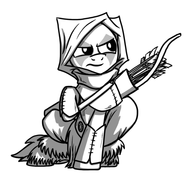 Size: 1024x1024 | Tagged: safe, artist:petirep, derpibooru import, oc, unofficial characters only, pony, buck legacy, arrow, black and white, bow (weapon), bow and arrow, card art, clothes, determined, fantasy class, grayscale, hood, leather armor, male, monochrome, ranger, simple background, solo, tattoo, transparent background, weapon