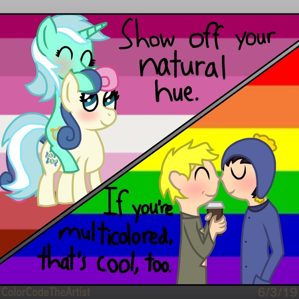 Size: 1536x1536 | Tagged: safe, artist:colorcodetheartist, derpibooru import, bon bon, lyra heartstrings, sweetie drops, pony, blushing, craig tucker, creek (south park), female, gay, gay pride, gay pride flag, lesbian, lesbian pride flag, lyrabon, male, non-mlp shipping, pride, pride flag, shipping, south park, tweek tweak