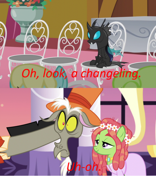 Size: 802x935 | Tagged: safe, derpibooru import, edit, edited screencap, screencap, discord, kevin (changeling), tree hugger, changeling, pony, make new friends but keep discord, slice of life (episode), female, mare, meme