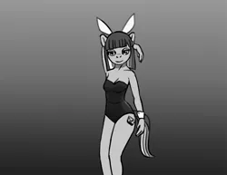 Size: 1280x989 | Tagged: suggestive, artist:warskunk, derpibooru import, oc, oc:polie lightmixer, unofficial characters only, anthro, earth pony, anthro oc, armpits, breasts, bunny suit, cleavage, clothes, cuffs (clothes), female, gradient background, leotard, monochrome, simple background, solo, solo female