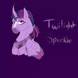 Size: 2350x2350 | Tagged: safe, artist:xxhuntersguardianxx, derpibooru import, part of a set, twilight sparkle, twilight sparkle (alicorn), alicorn, pony, blaze (coat marking), bust, curved horn, female, hoers, horn, jewelry, lidded eyes, looking at you, mare, necklace, peytral, ponytail, purple background, redesign, simple background, solo, wing claws