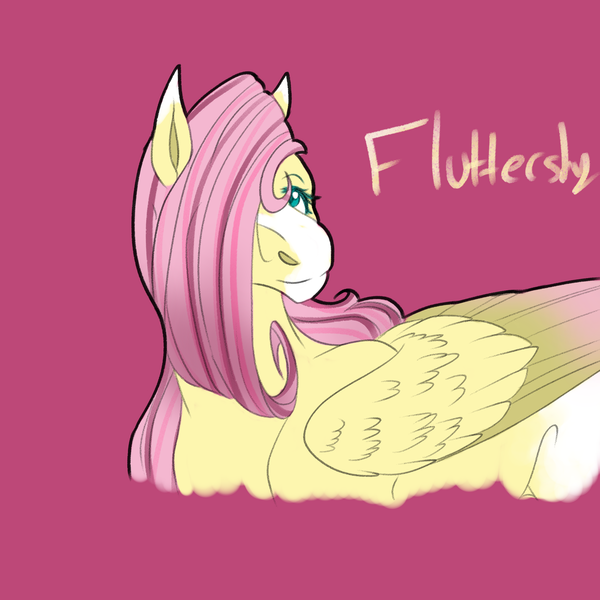 Size: 2350x2350 | Tagged: safe, artist:xxhuntersguardianxx, derpibooru import, part of a set, fluttershy, pegasus, pony, blaze (coat marking), colored wings, colored wingtips, female, hair over one eye, looking at you, mare, pink background, redesign, simple background, solo, wings