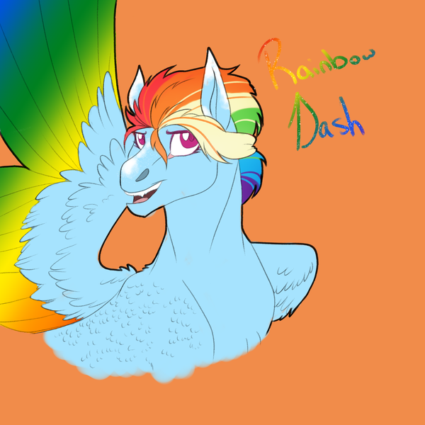 Size: 2350x2350 | Tagged: safe, artist:xxhuntersguardianxx, derpibooru import, part of a set, rainbow dash, pegasus, pony, blaze (coat marking), coat markings, colored wings, female, lidded eyes, looking at you, mare, one wing out, open mouth, orange background, redesign, sharp teeth, simple background, solo, stray strand, teeth, wings