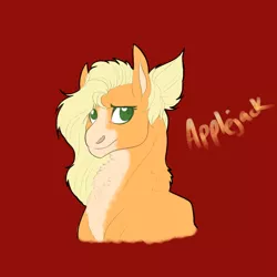 Size: 2350x2350 | Tagged: safe, artist:xxhuntersguardianxx, derpibooru import, part of a set, applejack, earth pony, pony, blaze (coat marking), bust, chest fluff, coat markings, female, hatless, looking at you, mare, missing accessory, red background, redesign, simple background, solo