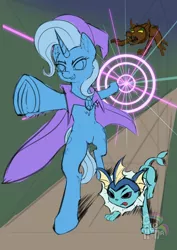 Size: 574x811 | Tagged: safe, artist:calena, derpibooru import, trixie, timber wolf, unicorn, vaporeon, attack, cape, clothes, colored sketch, commission, crossover, hat, magic, perspective, pokémon, trixie's cape, trixie's hat, ych example, your character here