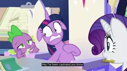 Size: 1280x720 | Tagged: alicorn, book, caption, cutie map, derpibooru import, discovery family logo, edit, edited screencap, floppy ears, implied castration, meme, rarity, safe, screencap, sparkle's seven, spike, twilight sparkle, twilight sparkle (alicorn), youtube caption