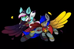 Size: 3000x2000 | Tagged: safe, artist:llhopell, derpibooru import, oc, oc:hope(llhopell), oc:soffy, earth pony, pegasus, pony, clothes, cosplay, costume, feather, hoffy, league of legends, rakan, shipping, simple background, smiling, xayah