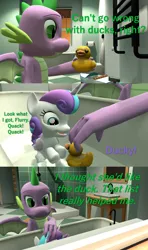 Size: 1920x3240 | Tagged: safe, artist:papadragon69, derpibooru import, princess flurry heart, spike, alicorn, bird, dragon, duck, pony, comic:spike's cyosa, 3d, bath, bathtub, blocks, boat, comic, crystal empire, cyoa, older, older spike, rubber duck, source filmmaker, teenage spike, teenager, washing, water, winged spike