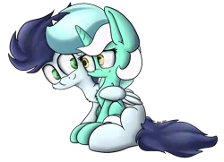 Size: 2945x2129 | Tagged: safe, artist:machstyle, derpibooru import, lyra heartstrings, soarin', pegasus, pony, unicorn, big ears, cuddling, cute, female, fluffy, high res, iforgotthecutiemark, love, lyrin', male, mare, shipping, simple background, sitting, stallion, straight