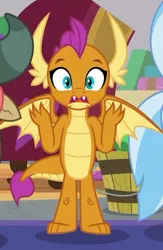 Size: 270x413 | Tagged: bucket, claws, cropped, derpibooru import, dragon, dragoness, fangs, female, horns, open mouth, safe, screencap, shocked, shrunken pupils, smolder, solo focus, spread wings, the hearth's warming club, toes, wide eyes, wings