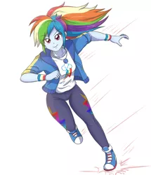 Size: 2952x3425 | Tagged: safe, artist:sumin6301, derpibooru import, rainbow dash, equestria girls, equestria girls series, run to break free, spoiler:eqg series (season 2), clothes, converse, cute, dashabetes, female, geode of super speed, jacket, magical geodes, motion lines, pants, running, shoes, simple background, smiling, solo, white background