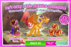 Size: 1040x691 | Tagged: advertisement, background dragon, billy (dragon), costs real money, derpibooru import, dragon, dragon crown, gameloft, lucky coin, male, misspelling, official, safe, sale, solo, teenaged dragon