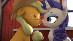 Size: 1200x686 | Tagged: suggestive, artist:fishimira, derpibooru import, applejack, rarity, earth pony, pony, unicorn, 3d, adorasexy, animated, applejack's hat, cowboy hat, cute, drool, drool string, eye contact, eyeshadow, female, french kiss, hat, jackabetes, kissing, lesbian, looking at each other, makeup, making out, mare, raribetes, rarijack, sensual, sexy, shipping, source filmmaker