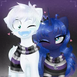 Size: 3000x3000 | Tagged: safe, artist:darkest-lunar-flower, derpibooru import, princess luna, oc, oc:lux(pearle), pony, alternate universe, asexual, canon x oc, clothes, crown, cute, cute little fangs, ear piercing, earring, fangs, female, heart, jewelry, male, necklace, piercing, pride, pride flag, pride month, regalia, scarf, shipping, smiling, straight, sweater