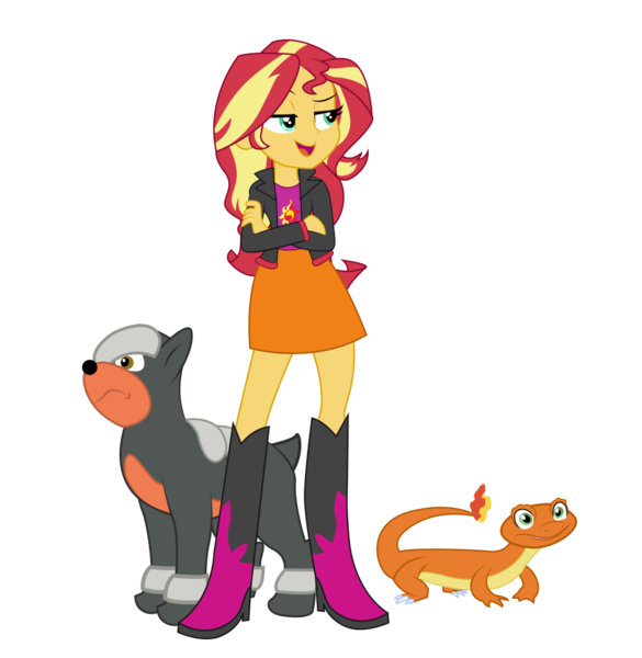 Size: 930x954 | Tagged: safe, artist:maretrick, derpibooru import, ray, sunset shimmer, charmander, houndour, equestria girls, boots, clothes, crossed arms, lidded eyes, pokémon, shoes