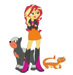 Size: 930x954 | Tagged: safe, artist:maretrick, derpibooru import, ray, sunset shimmer, charmander, houndour, equestria girls, boots, clothes, crossed arms, lidded eyes, pokémon, shoes