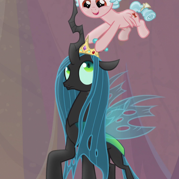 Size: 1080x1080 | Tagged: safe, derpibooru import, screencap, cozy glow, queen chrysalis, changeling, changeling queen, pegasus, pony, frenemies (episode), better way to be bad, cropped, crown, duo, female, filly, foal, jewelry, looking up, regalia