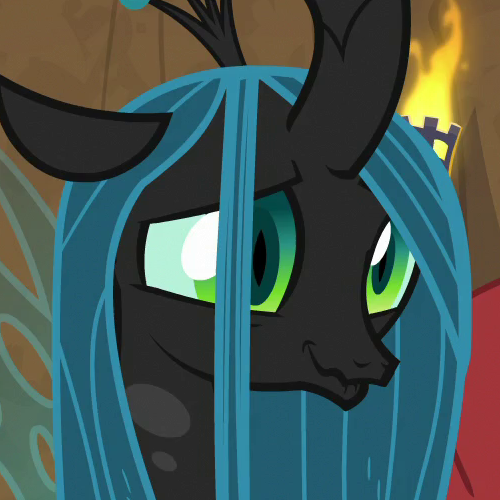 Size: 500x500 | Tagged: centaur, changeling, changeling queen, cropped, cute, cutealis, derpibooru import, female, former queen chrysalis, frenemies (episode), lip bite, lord tirek, queen chrysalis, raised eyebrow, safe, screencap, smiling, solo focus, wavy mouth, when she smiles