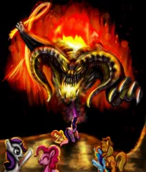 Size: 2992x3524 | Tagged: applejack, artist:rariedash, balrog, cliff, crossover, dark, derpibooru import, durin's bane, fight, fluttershy, lord of the rings, magic, monster, pinkie pie, rainbow dash, rarity, safe, the lord of the rings, twilight sparkle