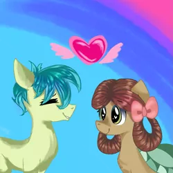 Size: 1001x1000 | Tagged: safe, artist:creepycookies, derpibooru import, sandbar, yona, ponified, pony, she's all yak, bow, cute, eye clipping through hair, eyes closed, female, hair bow, heart, heart eyes, male, pony yona, profile, shipping, species swap, straight, wingding eyes, wings, yonabar