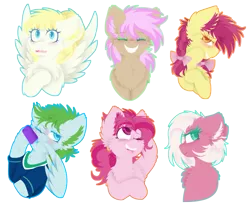 Size: 1011x830 | Tagged: safe, artist:vanillaswirl6, derpibooru import, bifröst, fuchsia frost, lucky charm (character), morning dew, strawberry scoop, summer breeze, earth pony, pegasus, pony, background pony, blushing, bow, braid, bust, chest fluff, clothes, eyes closed, female, friendship student, hair bow, hair tie, jersey, one eye closed, open mouth, simple background, smiling, transparent background, water bottle, wink