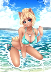 Size: 2893x4092 | Tagged: suggestive, artist:gyuumu, derpibooru import, oc, oc:crème puff, unofficial characters only, anthro, unicorn, anthro oc, beach, big breasts, bikini, breasts, clothes, cloud, commission, erect nipples, female, image, kneeling, nipple outline, png, sky, smiling, solo, solo female, swimsuit, water