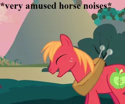 Size: 540x450 | Tagged: safe, derpibooru import, edit, edited screencap, screencap, big macintosh, pony, hearts and hooves day (episode), amused, apple, apple tree, cropped, cute, descriptive noise, horse collar, horse noises, laughing, macabetes, reaction image, tree