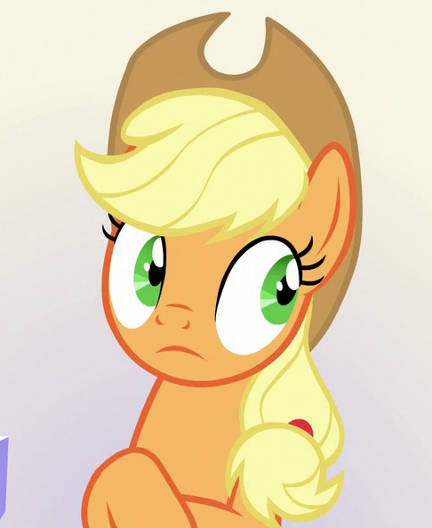 Size: 486x593 | Tagged: safe, derpibooru import, screencap, applejack, earth pony, pony, sparkle's seven, applejack's hat, cowboy hat, cropped, female, hat, mare, nervous, solo