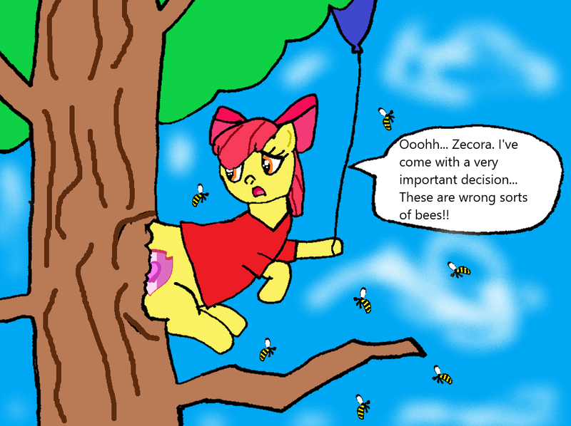 Size: 1034x773 | Tagged: apple bloom, artist:goofermutt, balloon, bee, bloom butt, butt, cutie mark, derpibooru import, disney, fanfic, fimfiction, insect, red shirt, safe, stuck, the ass was fat, the cmc's cutie marks, tree, winnie the pooh