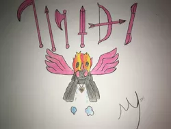 Size: 2048x1536 | Tagged: safe, artist:mystipony, derpibooru import, oc, oc:mysti inferno, unofficial characters only, pony, unicorn, arrow, artificial wings, augmented, axe, bow (weapon), bow and arrow, crying, double bladed sword, glowing eyes, glowing horn, glowing wings, horn, jewelry, magic, magic wings, necklace, puddle, scythe, spear, sword, traditional art, weapon, wings