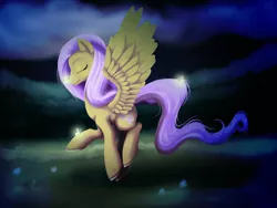 Size: 1333x1000 | Tagged: safe, artist:bel-assa, derpibooru import, fluttershy, firefly (insect), insect, pegasus, pony, eyes closed, feather, female, mare, night, profile, solo, spread wings, wings