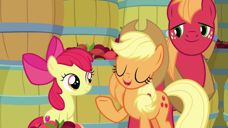 Size: 1920x1080 | Tagged: safe, derpibooru import, screencap, apple bloom, applejack, big macintosh, pony, going to seed, barrel, cutie mark, female, filly, the cmc's cutie marks