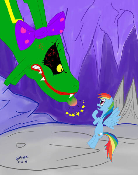 Size: 794x1007 | Tagged: angry, artist:cartoon-eric, bow, crossover, derpibooru import, pokémon, rainbow dash, rayquaza, safe