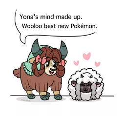 Size: 1000x950 | Tagged: artist:pink-pone, bow, cloven hooves, crossover, cute, derpibooru import, dialogue, duo, female, hair bow, heart, monkey swings, pokémon, pokemon sword and shield, safe, simple background, speech bubble, white background, wooloo, yak, yona, yonadorable