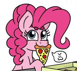 Size: 860x790 | Tagged: safe, artist:pink-pone, derpibooru import, pinkie pie, earth pony, pony, :3, >:3, beanbrows, cute, diapinkes, eyebrows, food, meat, mouth hold, mushroom, pepperoni, pepperoni pizza, pictogram, pizza, ponies eating meat, simple background, solo, speech bubble, white background