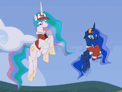 Size: 640x480 | Tagged: safe, artist:2snacks, derpibooru import, princess celestia, princess luna, alicorn, pony, two best sisters play, animated, clothes, cropped, female, flying, gif, gold (pokemon), hat, i can't believe it's not hasbro studios, mare, pokémon, pokémon snap, red (pokémon), show accurate, trainer red, youtube link