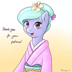 Size: 1000x1000 | Tagged: safe, artist:marikaefer, derpibooru import, flitter, pony, ask flitter and cloudchaser, alternate hairstyle, clothes, kimono (clothing), solo