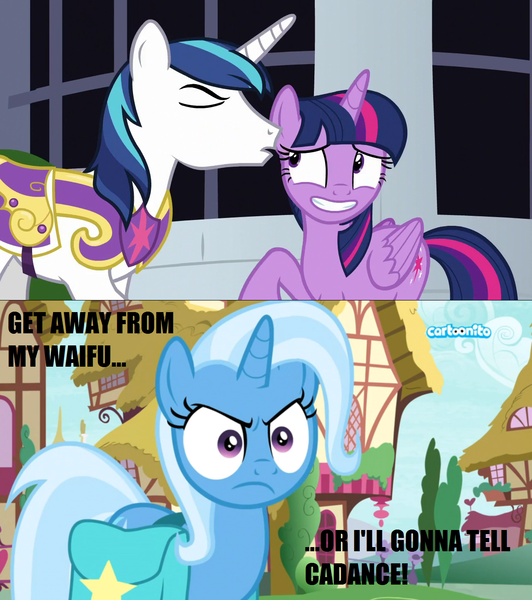 Size: 1276x1440 | Tagged: safe, derpibooru import, edit, edited screencap, screencap, shining armor, trixie, twilight sparkle, twilight sparkle (alicorn), alicorn, pony, sparkle's seven, student counsel, bag, cartoonito logo, engrish, female, implied incest, implied infidelity, implied princess cadance, implied shiningsparkle, implied shipping, implied straight, jealous, lesbian, saddle bag, shipping, twixie, waifu