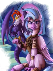 Size: 1119x1500 | Tagged: armor, artist:jamescorck, badass, classical hippogriff, clothes, cockatrice, derpibooru import, edith (cockatrice), fantasy class, hippogriff, leg wraps, ranger, safe, silverstream, student counsel