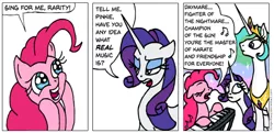 Size: 624x302 | Tagged: safe, artist:gingerfoxy, derpibooru import, pinkie pie, princess celestia, rarity, alicorn, earth pony, pony, unicorn, pony comic generator, comic, daymare, it's always sunny in philadelphia, keyboard, music