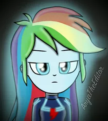 Size: 1920x2160 | Tagged: safe, artist:aryatheeditor, derpibooru import, rainbow dash, equestria girls, equestria girls series, overpowered (equestria girls), captain marvel (marvel), cooler, dark, element of generosity, element of honesty, element of kindness, element of laughter, element of loyalty, element of magic, elements of harmony, fanart, glow, glowing eyes, marvel, solo, vignette