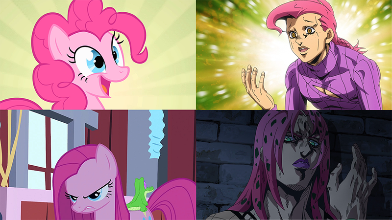 Size: 960x540 | Tagged: safe, derpibooru import, edit, screencap, pinkie pie, earth pony, pony, party of one, diavolo, duality, golden wind, jojo's bizarre adventure, pinkamena diane pie, spoilers for another series, text, vento aureo, vinegar doppio