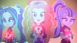 Size: 1336x752 | Tagged: safe, derpibooru import, screencap, adagio dazzle, aria blaze, sonata dusk, equestria girls, equestria girls series, find the magic, spoiler:eqg series (season 2), female, gem, looking at something, pigtails, ponytail, siren gem, smiling, taco dress, the dazzlings have returned, trio, trio female, twintails, when she smiles