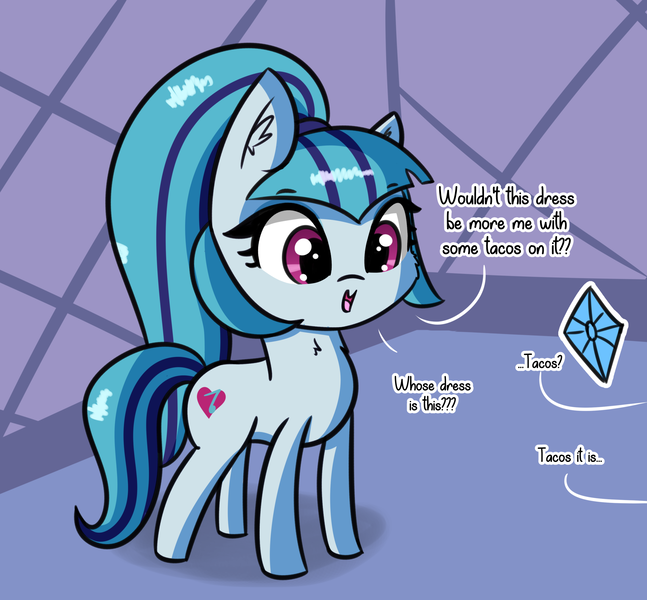 Size: 2195x2034 | Tagged: safe, artist:artiks, derpibooru import, sonata dusk, ponified, earth pony, pony, equestria girls, equestria girls series, find the magic, spoiler:eqg series (season 2), art of the dress, cheek fluff, chest fluff, cute, ear fluff, equestria girls ponified, female, food, implied rarity, mare, offscreen character, parody, solo, sonatabetes, sonataco, taco, taco dress, that pony sure does love tacos, that was fast